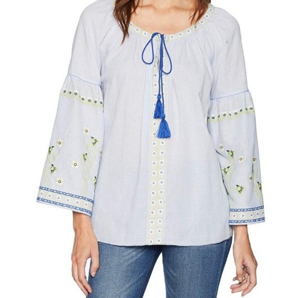 Ella Moon Women's Bohemian Blue Tie-Neck Embroidered Top - XS